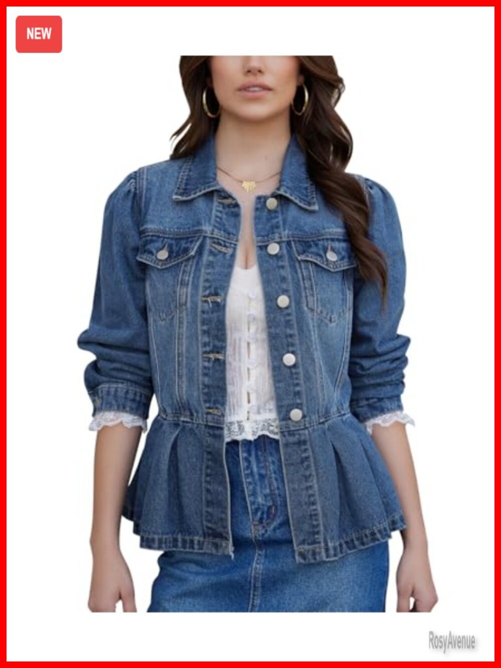 Puff Sleeve Peplum Denim Jacket Women Cotton Blend Jean Coat